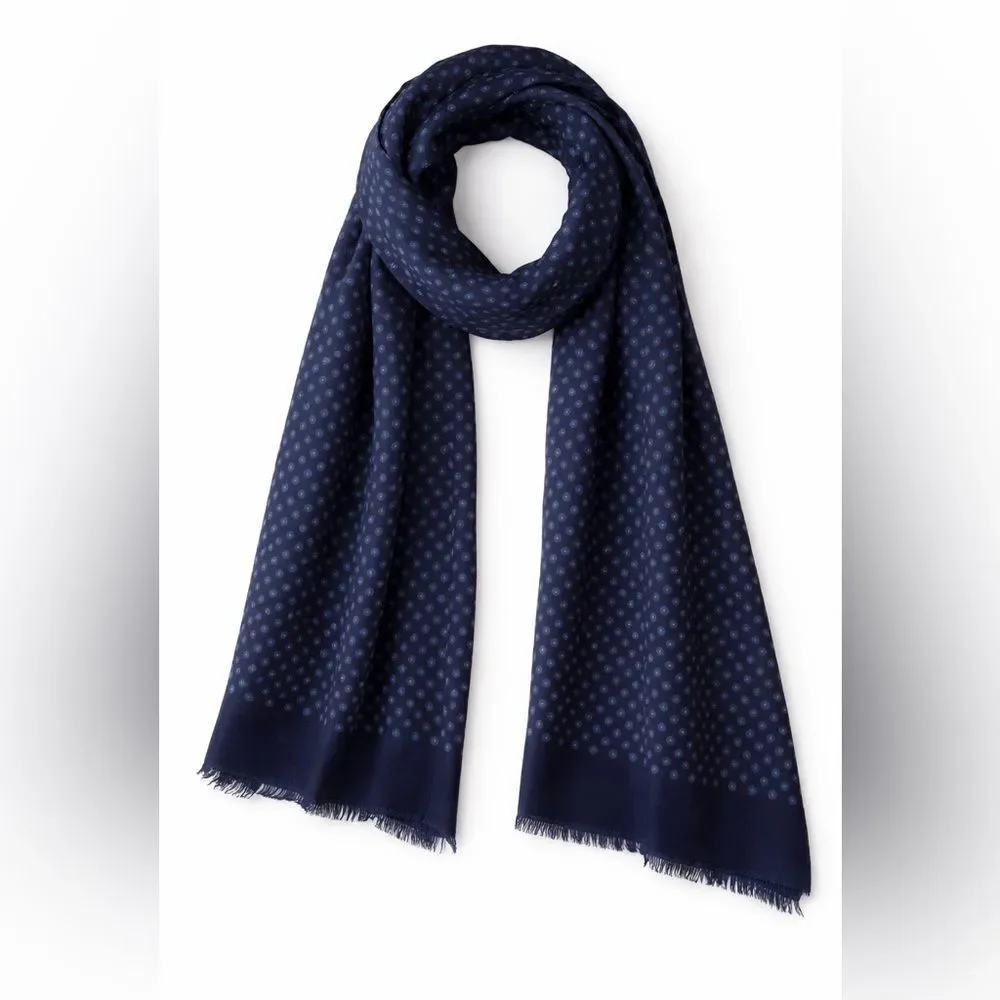Lanvin Paris Navy Blue Dot Print Scarf Wrap 70% Cotton 30% Silk Italy